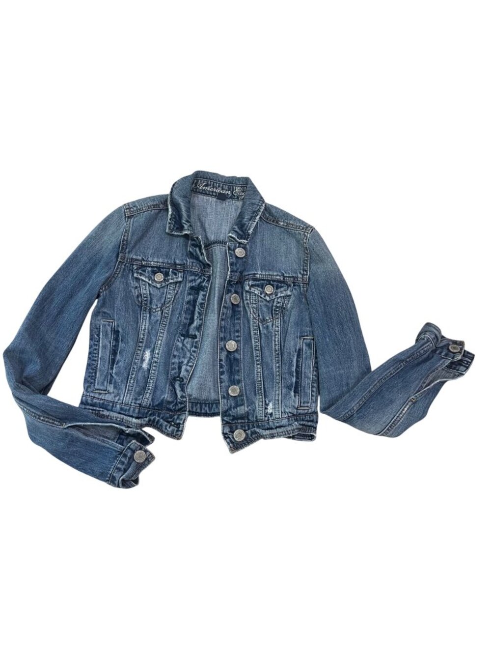 American Eagle Cropped Denim Jacket Women's Size‎ XS Distressed Cotton Button